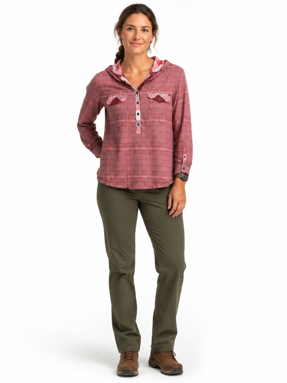 prAna Anja Hooded Plaid Top Medium Pink Red Roll Tab Organic Cotton Outdoor